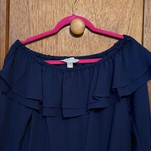 Michael Kors Navy Off-Shoulder Ruffle Blouse with Pink Trim